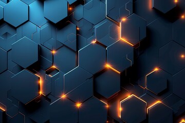 Poster - An abstract background featuring a repeating hexagon pattern in dark blue with glowing orange edges. Generative AI