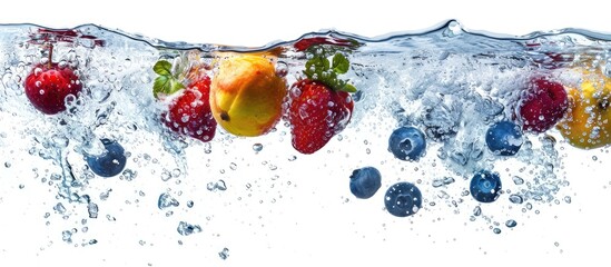 Fresh fruits tumbling into water and creating a splash, set against a white backdrop