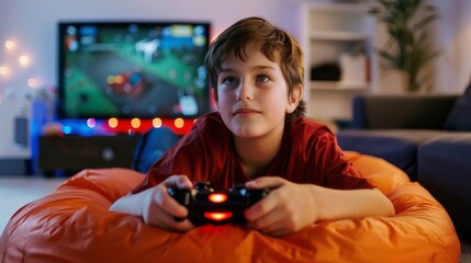 Poster - A boy is playing a video game in a living room