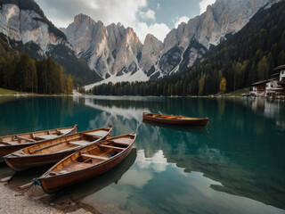 Wall Mural - Dolomites' Braies Lake with boats. Beautiful Sudtirol, Italy landscape.