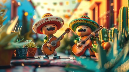 Two cartoon characters in sombreros playing guitars in a vibrant Mexican setting