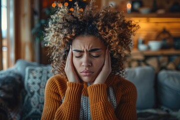 A young woman is sitting on a sofa in a living room and holding her head with both hands. Eyes closed in pain