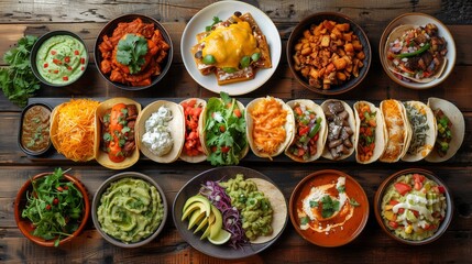 Canvas Print - A table full of Mexican food, including tacos, salsa, and guacamole