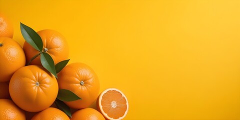Bunch of orange oranges on a bright yellow background