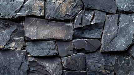 Poster - Close-up of a textured black stone wall with irregular stacked slate pieces, creating a rugged and natural appearance.