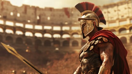 A Roman gladiator standing in a colosseum arena, ready for battle.