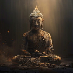 Buddha statue meditating expressing peaceful emotions, dark background