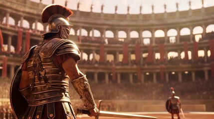 Gladiators ready for combat in an ancient Roman arena.