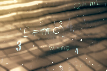 Poster - Double exposure of scientific formula hologram on blurry metal background, research and development concept