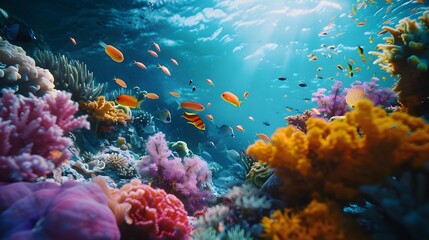 Beautiful underwater scenery with various types of fish and coral reefs Generative AI