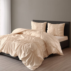 cream ruffled bed with pillows