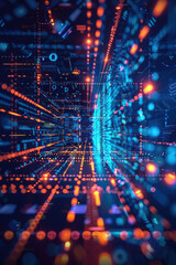 Poster - A futuristic digital grid of blue and orange lines and lights creating an abstract technology-inspired background, representing connectivity and data flow.