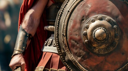 Close-up of a warrior's arm with armor and shield, focusing on details and textures.