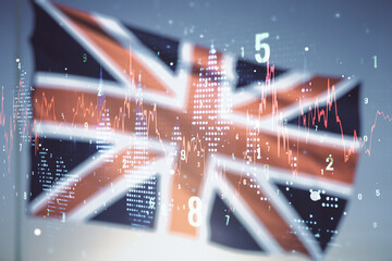 Poster - Multi exposure of virtual creative financial chart hologram on British flag and blue sky background, research and analytics concept
