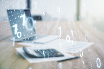 Aufkleber - Double exposure of abstract virtual binary code hologram on blurry calculator with laptop background. Database and programming concept