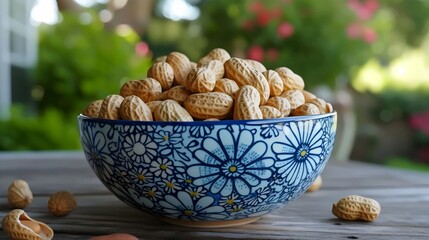 Wall Mural - A bowl of peanuts is sitting on a wooden table