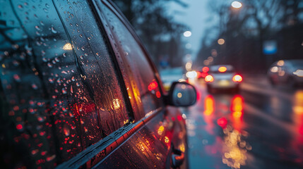 Poster - rain water on car's window, driving in rainy weather 