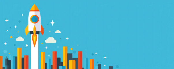 Poster - A white rocket is flying through the sky above a city. The rocket is surrounded by buildings and clouds, creating a sense of motion and excitement. Concept of progress and innovation