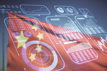 Poster - Multi exposure of creative statistics data hologram on Chinese flag and blue sky background, stats and analytics concept