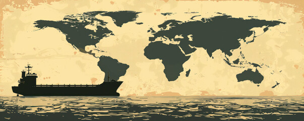 Poster - A large ship is sailing in the ocean with a world map in the background. The ship is the main focus of the image, while the world map serves as a background to create a sense of vastness