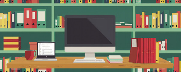 Poster - A computer desk with a laptop and a monitor. The desk is surrounded by bookshelves filled with books