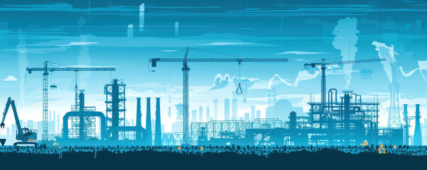 Poster - A city skyline with a large industrial area in the background. The sky is blue and the buildings are tall