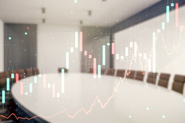 Poster - Multi exposure of virtual abstract financial graph interface on a modern coworking room background, financial and trading concept