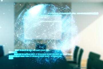 Aufkleber - Multi exposure of abstract programming language hologram and world map on a modern furnished office interior background, artificial intelligence and neural networks concept