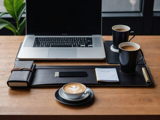 Wall Mural - Flat lay, laptop, coffee, supplies on office desk.