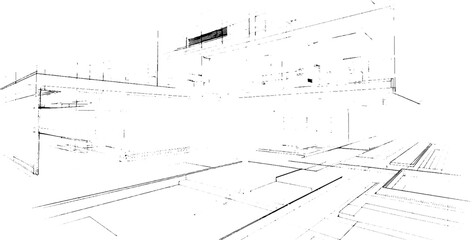 Poster - Distressed sketch of building with dust on isolated background. Architectural sketch of a house. linear sketch modern building on light gray background