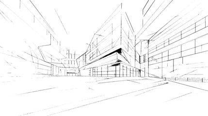 Poster - Distressed sketch of building with dust on isolated background. Architectural sketch of a house. linear sketch modern building on light gray background