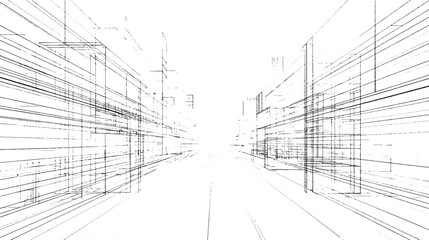 Poster - Distressed sketch of building with dust on isolated background. Architectural sketch of a house. linear sketch modern building on light gray background