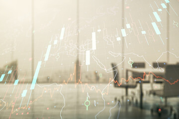 Poster - Double exposure of abstract creative financial chart hologram and world map on a modern meeting room background, research and strategy concept