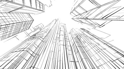 Poster - Distressed sketch of building with dust on isolated background. Architectural sketch of a house. linear sketch modern building on light gray background