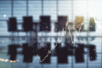 Poster - Multi exposure of virtual abstract financial chart hologram and world map on a modern meeting room background, research and analytics concept