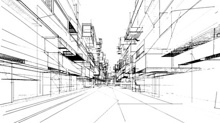Poster - Distressed sketch of building with dust on isolated background. Architectural sketch of a house. linear sketch modern building on light gray background
