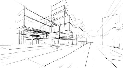 Poster - Distressed sketch of building with dust on isolated background. Architectural sketch of a house. linear sketch modern building on light gray background