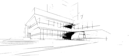 Poster - Distressed sketch of building with dust on isolated background. Architectural sketch of a house. linear sketch modern building on light gray background