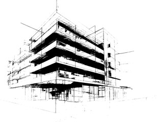 Poster - Distressed sketch of building with dust on isolated background. Architectural sketch of a house. linear sketch modern building on light gray background