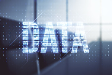 Poster - Virtual Data word sign hologram on a modern conference room background. Multiexposure