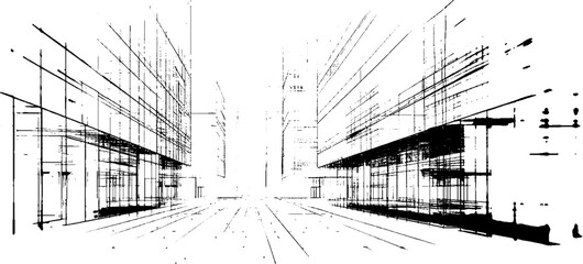 Poster - Distressed sketch of building with dust on isolated background. Architectural sketch of a house. linear sketch modern building on light gray background