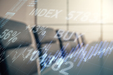 Aufkleber - Multi exposure of abstract virtual financial graph hologram on a modern conference room background, forex and investment concept