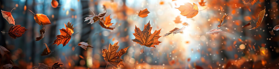 Wall Mural - Autumn background with flying leaves on blurred forest backdrop