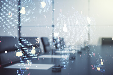 Poster - Double exposure of social network icons hologram and world map on a modern meeting room background. Marketing and promotion concept