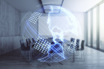 Aufkleber - Double exposure of digital map of North America hologram on a modern meeting room background, research and strategy concept
