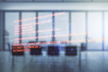 Aufkleber - Double exposure of abstract programming language interface on a modern meeting room background, research and development concept