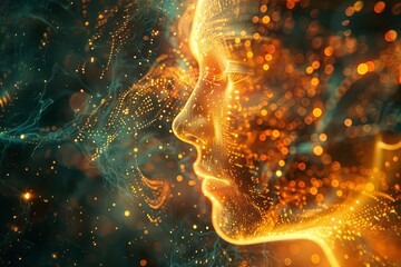 Poster - A digital portrait of a neural network focuses on the face, with teal and yellow colors on a dark background. Generative AI