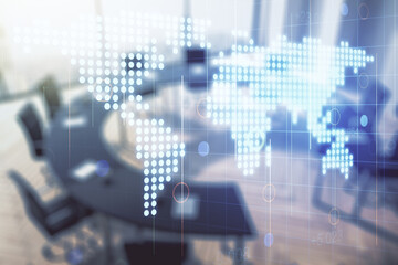 Aufkleber - Multi exposure of abstract creative digital world map hologram on a modern meeting room background, research and analytics concept