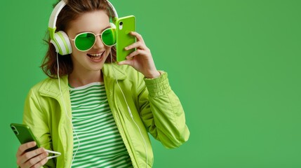 Wall Mural - The woman with green phone