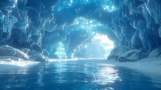 Dim and narrow ice cave, net game style, low polygon, Mabinogi-style, ice pillar, blue fountain of melted ice, snowy passageway 